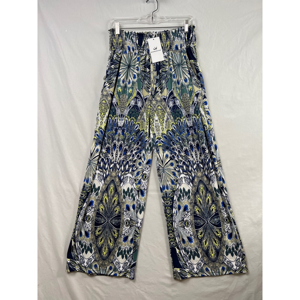 Qianxizhan Palazzo Pants Women L Blue Green Peacock Mandala Smocked Wide Leg NEW